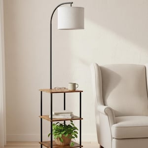 Modern Floor Lamp with Table, Wooden Side Table Lamp with Shelves, 3 Color LED Light, Rustic Nightstand Lamp for Bedroom Living Room