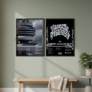 以下が含まれることがあります： ドレイクのアルバムアートをあしらった2つの額入りポスター。左側のポスターは、トラックリストとリリースの詳細が記載された「Views」のアルバムカバーを表示しています。右側のポスターは、トラックリストとリリース情報も記載された「Honestly, Nevermind」のアルバムアートを表示しています。