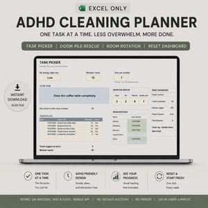 May include: An ADHD cleaning planner digital spreadsheet for Excel. The interface features a task picker, doom pile rescue, room rotation, and reset dashboard. Text includes 'ADHD CLEANING PLANNER', 'ONE TASK AT A TIME', and 'INSTANT DOWNLOAD'.