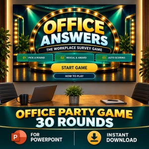 May include: A digital game interface titled Office Answers The Workplace Survey Game displayed on a screen. The game features buttons for Pick a Round, Reveal & Award, Auto Scoring, Start Game, and How to Play. Text below reads Office Party Game 30 Rounds.