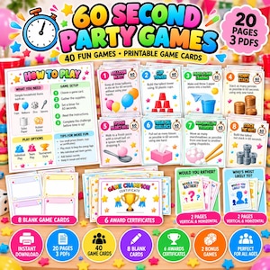 May include: A printable 60 Second Party Games set featuring 20 pages and 3 PDFs. Includes 40 game cards, 8 blank cards, 6 award certificates, and instructions. The colourful design displays game titles like Balloon Blast and Cup Tower.
