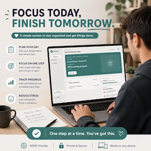 Op de afbeelding: Een digitaal productiviteitsplatform weergegeven op een laptopscherm, met de tekst FOCUS TODAY, FINISH TOMORROW. Het dashboard toont takenlijsten, voortgangsregistratie en deadlines in een groen en wit kleurenschema.
