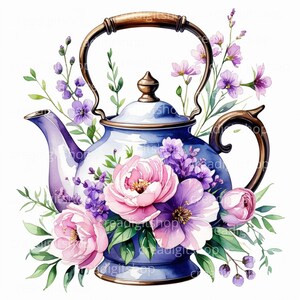 Akvarell blommig tekanna Clipart, vintageblommor PNG (digital nedladdning)
