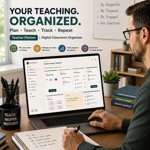 Könnte beinhalten: Ein digitaler Lehrerplaner auf einem Laptop-Bildschirm mit einem Dashboard für Stundenpläne, Klassenlisten und Notenbücher. Die Benutzeroberfläche enthält den Text "YOUR TEACHING. ORGANIZED." und "Plan • Teach • Track • Repeat."