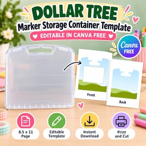 Plantilla para insertar en estuche de almacenamiento de marcadores de 7 x 7 pulgadas, marco editable con función de arrastrar y soltar, caja con asa transparente para recuerdos de fiesta, inserto de regalo personalizado imprimible.