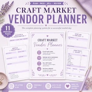 Peut inclure: Un planificateur de vendeur pour marché artisanal imprimable de 11 pages avec du texte violet et des motifs floraux. Les pages incluent un plan d'inventaire, un plan de stand, une feuille de route et un bilan de profit. Titre : Craft Market Vendor Planner.