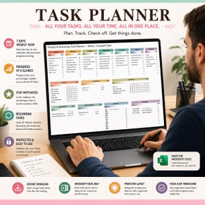 Op de afbeelding: Een digitale takenplanner op een laptopscherm, met een wekelijkse en terugkerende takenindeling inclusief voortgangsbalken, percentages en checklists voor gebruik in Microsoft Excel.