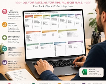 May include: A digital task planner displayed on a laptop screen, featuring a weekly and recurring task layout with progress bars, percentages, and checklists. The interface includes sections for daily, weekly, monthly, and annual planning for Microsoft Excel.