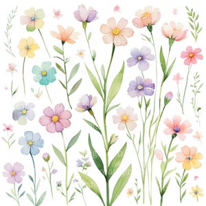 Puede incluir: Ilustración en acuarela de varias flores coloridas, incluyendo rosas, amarillas, azules y moradas, con tallos y hojas verdes. Las flores tienen una apariencia delicada, pintada a mano, y están dispuestas sobre un fondo blanco.