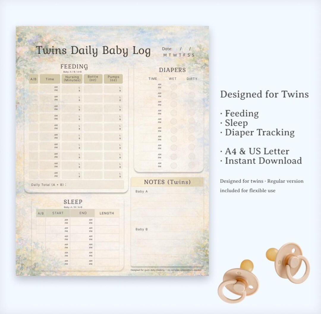 Twins Daily Baby Log Printable | Feeding Sleep Diaper Tracker | A4 & US ...