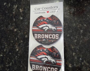 Handmade Denver Broncos Football Car Coasters – Red Navy Sports Cup Holder Set (2.75 in)