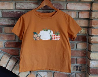 Camiseta de retazos con diseño de huerto de calabazas de otoño