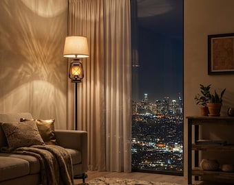 Lámpara de pie LED con efecto de llama parpadeante, lámpara de pie rústica de estilo granja con pantalla de lino, iluminación ambiental acogedora para sala de estar y dormitorio.