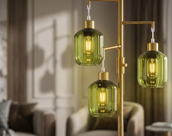 Lampadaire doré moderne, lampe sur pied à intensité variable avec abat-jour en verre vert, lampadaire 3 lumières Mid-Century, éclairage de luxe pour le salon et la chambre à coucher