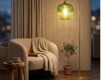 Mid Century Modern Floor Lamp, Green Ribbed Glass Lamp, Gold Standing Lamp, Warm Light Living Room Lamp, Vintage Tall Lamp,Bedroom Lighting