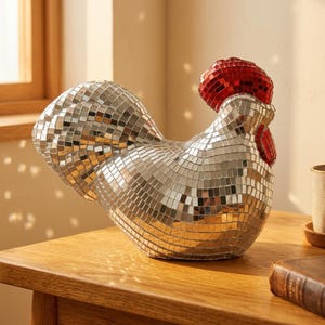 Op de afbeelding: Een decoratief haanbeeldje met een mozaïek spiegeloppervlak. De kam en lellen van de haan zijn rood. Het beeldje staat op een houten oppervlak, geschikt voor interieurdecoratie.