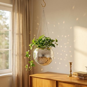 Handmade Disco Ball Hanging Vase | Glass Mirror Mosaic Planter | Retro 70s Decor | Sparkling Plant Hanger Gift