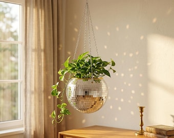 Jarrón colgante con forma de bola de discoteca / Maceta con mosaico de espejo de cristal / Decoración retro de los años 70 / Regalo brillante para colgar plantas