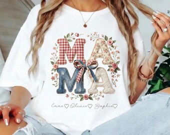 Personalized Mama Tee, Faux Embroidery Kids Names, Mother's Day Gift