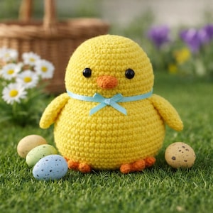 May include: A handmade yellow crochet chick with black eyes, an orange beak, and orange feet. The chick has a blue ribbon around its neck. Decorative speckled Easter eggs are in the grass near the chick. A wicker basket and flowers are in the background.