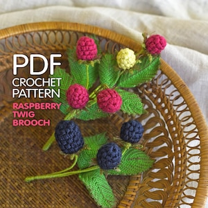 Peut inclure: Un patron de crochet pour une broche en forme de brindille de framboise. L'image montre une broche faite à la main avec des baies crochetées rouges, jaunes et bleues, des feuilles vertes et des tiges. La broche est présentée sur un panier tressé.