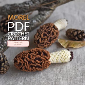 May include: Crocheted morel mushroom pattern with the text "MOREL PDF CROCHET PATTERN" and "TimberTales StudioArt". The mushrooms are brown with a cream-colored stem. The background includes pinecones and leaves.