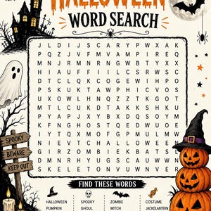 Pode incluir: Uma folha de caça-palavras de Halloween com uma grade de letras, uma casa mal-assombrada, um fantasma, uma placa de madeira com o texto Spooky, Beware, Keep Out e três abóboras empilhadas. O texto diz Halloween Word Search.