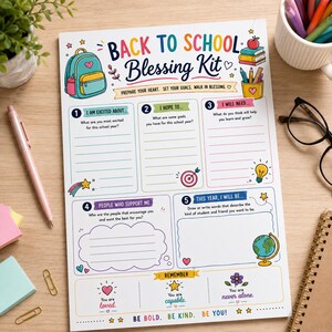 Puede incluir: Una hoja de actividades de papel blanco titulada Back to School Blessing Kit con ilustraciones coloridas de una mochila, libros y útiles escolares. Incluye cinco secciones numeradas para escribir metas y reflexiones, además de una sección inferior con afirmaciones.