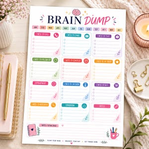 May include: A white paper planner sheet titled BRAIN DUMP with a pink brain icon. It features twelve colorful sections for tasks like I NEED TO CALL, I NEED TO EMAIL, and I NEED TO TEXT, plus a monthly tracker and a bottom section for notes and extra space.