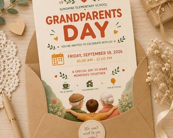 Plantilla de Canva para invitación del Día de los Abuelos / Invitación editable para eventos escolares / Celebración imprimible para los abuelos