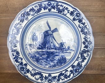 Vintage Blue and White Delft Windmill Decorative Plate