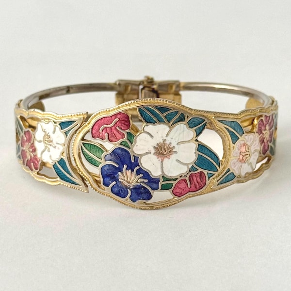 Vintage 1980er Jahre Cloisonné Armreif - bunter Emaille Blumen Schmuck - Blumen Statement Armband