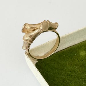 Könnte beinhalten: Ein goldener Ring mit einem strukturierten, von Bambus inspirierten Design auf der Oberseite. Die Ringschiene ist glatt und kreisförmig, mit der Gravur SARAH COV auf der Innenseite. Das Metall hat einen warmen, gelben Farbton mit feinen Details.