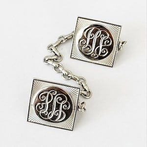 Vintage Coro signed Sweater Guard, Silver Tone Monogram Script Cardigan Clips Chain