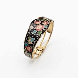 Vintage Cloisonné-Armreif aus den 1980er Jahren mit Scharnierverschluss – schwarzer Emaille-Schmuck mit Blumenmuster – auffälliges Armband mit Blumenmotiv