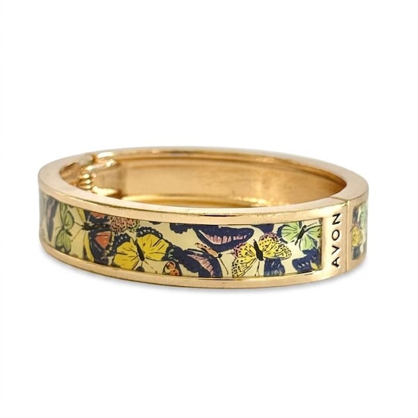 Vintage Avon Butterfly Hinged Bangle Bracelet Gold Tone Enamel Colorful Butterflies 1970s