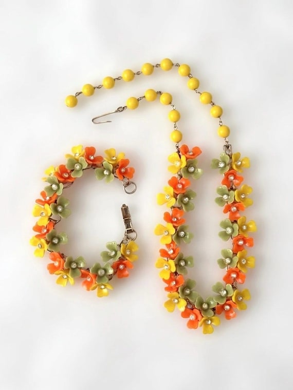 Vintage Floral Necklace Bracelet Set, Yellow Orange Green Rhinestone Flower Jewelry