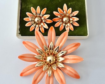 Sarah Coventry Orange Enamel Flower Brooch Earrings Set, Mid Century vintage signed Demi Parure