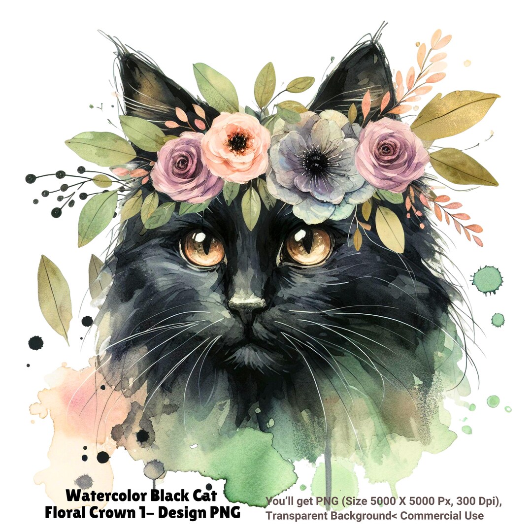 Black Cat Watercolor Art Print | Printable Mystical Cat Wall Decor ...