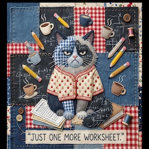 Op de afbeelding: Een patchwork ontwerp met een chagrijnige kat die een trui draagt met appel details. De kat is omringd door potloden, koffiekopjes en een schoolbord met vergelijkingen. De tekst "JUST ONE MORE WORKSHEET" staat onderaan.