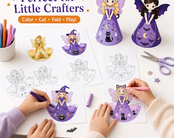 Halloween Fairy Paper Doll Craft Printable, 10 Standing Fairy Dolls, Color and Cut Activity, Kids Halloween Craft PDF
