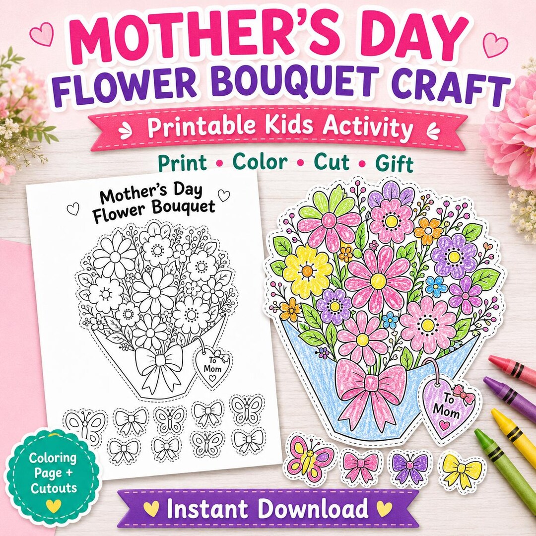 Mother’s Day Flower Bouquet Craft Printable, Kids Coloring Paper ...