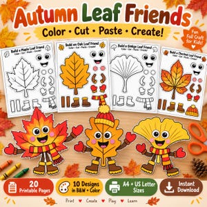 May include: A set of printable craft sheets titled Autumn Leaf Friends featuring Maple, Oak, Ginkgo, and Chestnut leaf characters. The pages include black and white outlines and colored versions of leaf shapes, eyes, mouths, scarves, and boots.