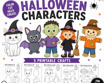 Halloween Cut and Paste Craft Bundle for Kids, 5 Printable Halloween Crafts, Coloring Activity, Preschool Classroom PDF