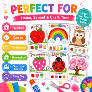 May include: Colorful craft kit with cards featuring an apple, rainbow, owl, strawberry, ladybug, and cherry blossom tree. Includes glue stick, scissors, tissue paper, and the text "Perfect For Home, School & Craft Time". Great for fine motor skills.