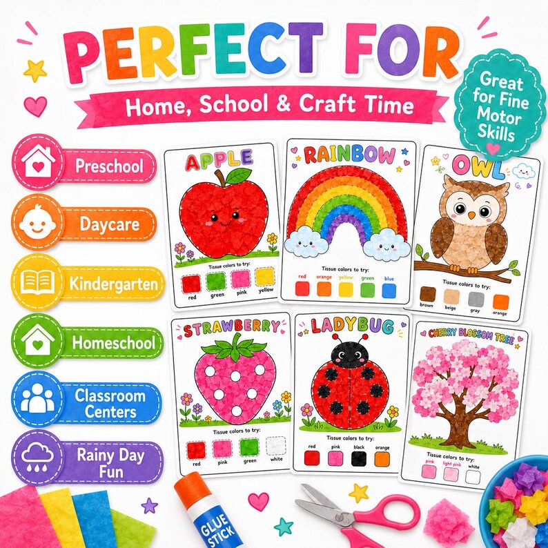 May include: Colorful craft kit with cards featuring an apple, rainbow, owl, strawberry, ladybug, and cherry blossom tree. Includes glue stick, scissors, tissue paper, and the text "Perfect For Home, School & Craft Time". Great for fine motor skills.