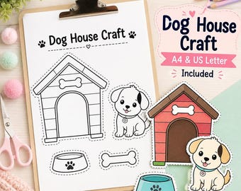 Dog House Craft Printable for Kids, Puppy Cut and Paste Activity, Dog House Coloring Craft, Pet Theme Preschool Activity, A4 US Letter PDF
