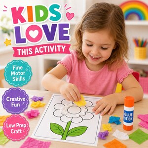 May include: A young child is shown crafting a flower using colorful tissue paper and glue. The image includes the text "KIDS LOVE THIS ACTIVITY", along with labels for "Fine Motor Skills", "Creative Fun", and "Low Prep Craft". A glue stick is visible.