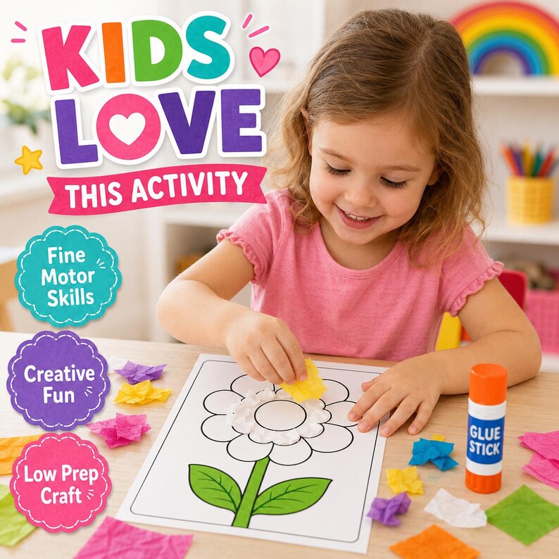 May include: A young child is shown crafting a flower using colorful tissue paper and glue. The image includes the text "KIDS LOVE THIS ACTIVITY", along with labels for "Fine Motor Skills", "Creative Fun", and "Low Prep Craft". A glue stick is visible.