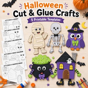 May include: A set of five Halloween cut and glue craft templates featuring a mummy, skeleton, owl, cauldron, and haunted house. The kit includes printed instruction sheets, colorful paper cutouts of the characters, and decorative accents.